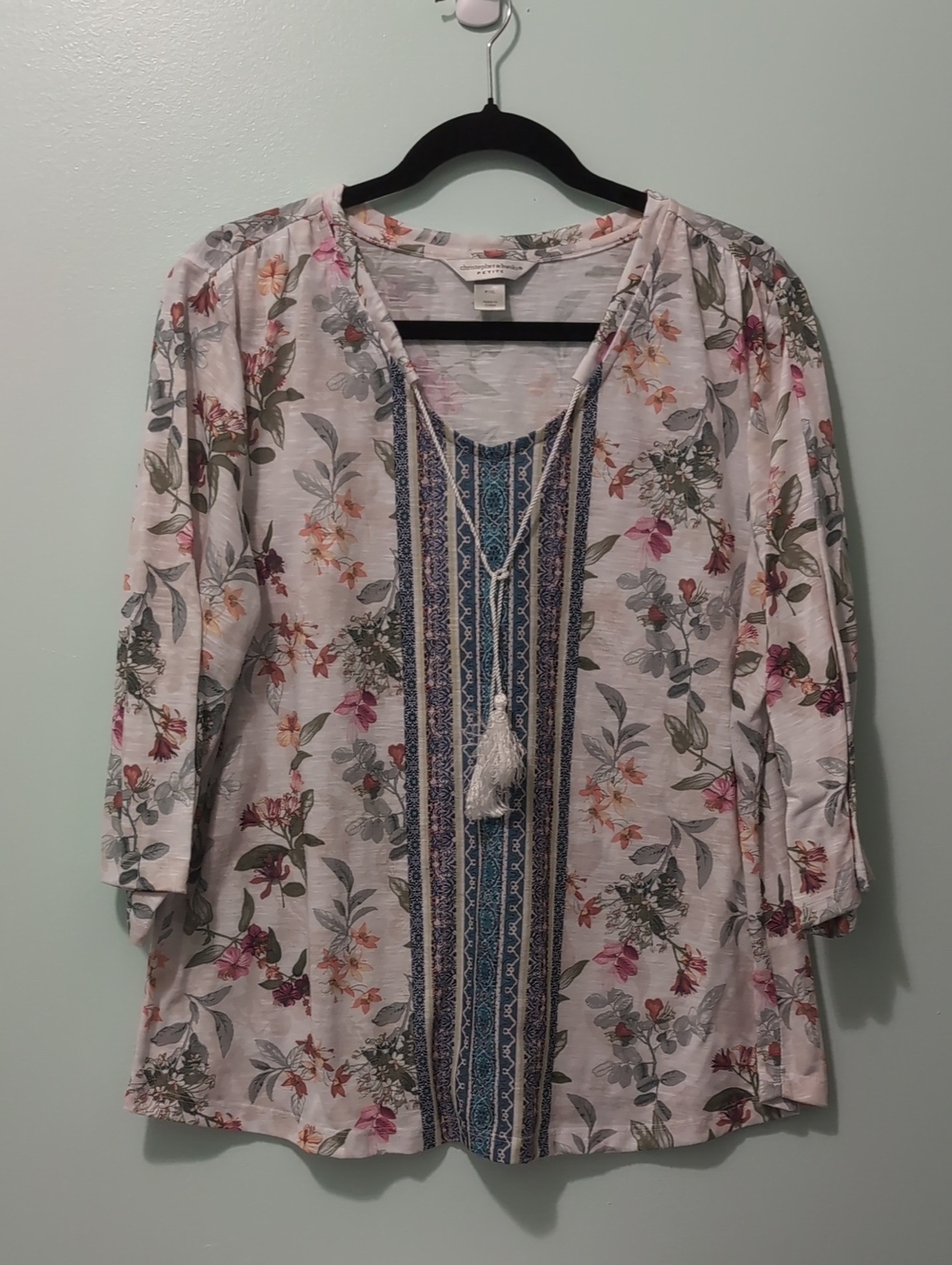 Christopher Banks Floral Boho Tassel Peasant Top in Light Pink